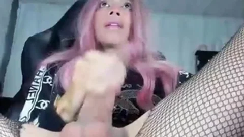 Pink Haired Trans babe In pantyhose Jerks Off Her massive 10-Pounder On web camera